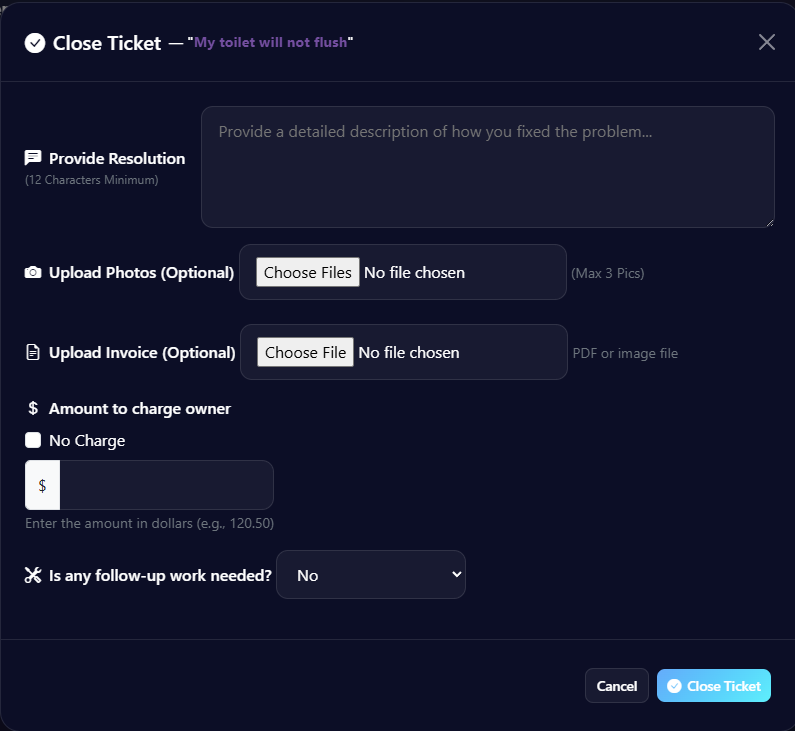 Close Ticket Modal Screenshot